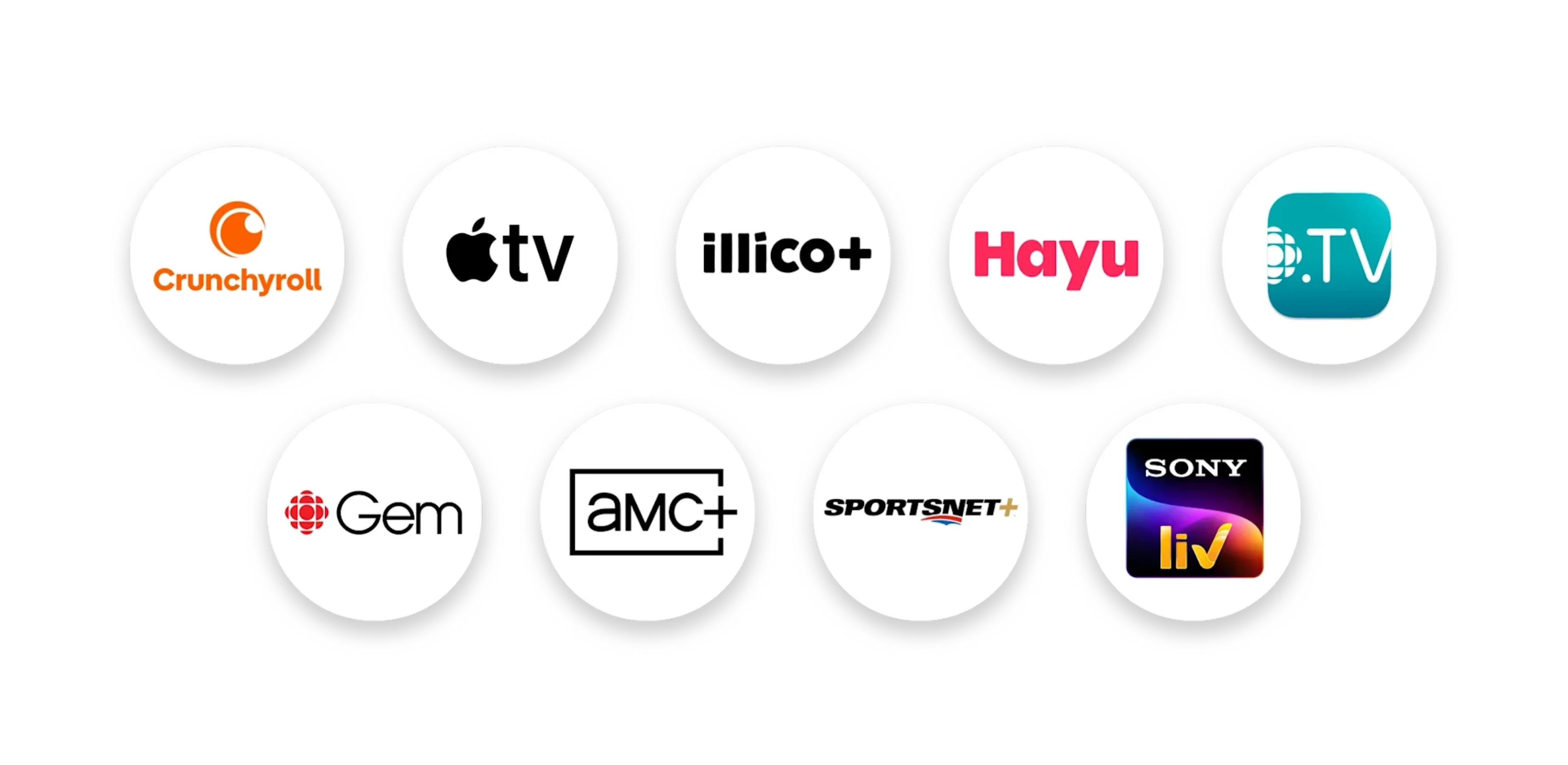 Logos de Apple TV, Crunchyroll, illico+, Hayu, ICI TOU TV, CBC Gem Premium, AMC+, Sportsnet+ et Sony LIV.