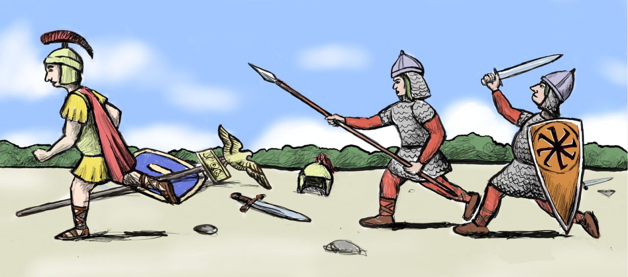 Лехиты атакуют римлян. Иллюстрация: Марцин Пясечный