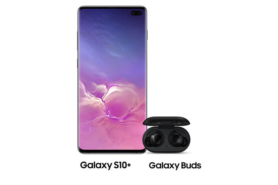 The Samsung Galaxy S10+ and Galaxy Buds.