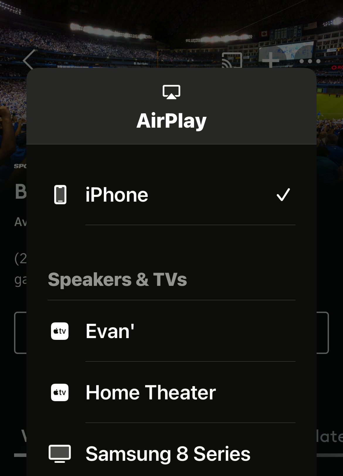The Ignite TV app open to the AirPlay device list screen.