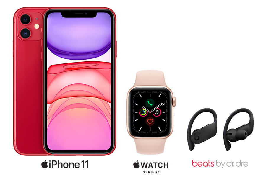 The iPhone 11 Pro, Powerbeats Pro earphones and Apple Watch Series 5.