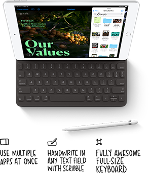 A top-down view of Apple iPad 8th generation with connected keyboard 