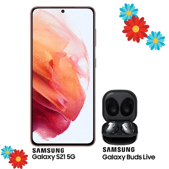 Phantom Pink Samsung Galaxy S21 5G with black Buds Live. 