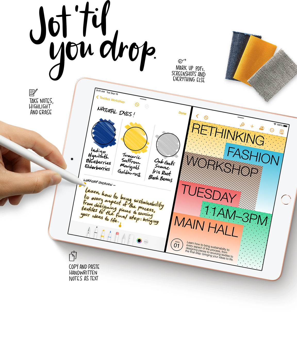 Write, mark up documents, and take notes directly on the iPad screen with Apple Pencil.