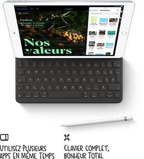 Une vue en plongée de l’iPad 8 d’Apple et d’un clavier connecté.