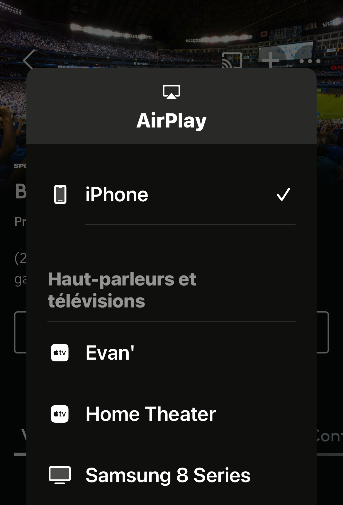 L’appli Télé Élan affiche la liste des appareils AirPlay.