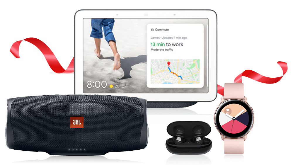 Galaxy Watch Active2, Galaxy Buds+, Google Nest Hub, and JBL Charge 4 Speaker