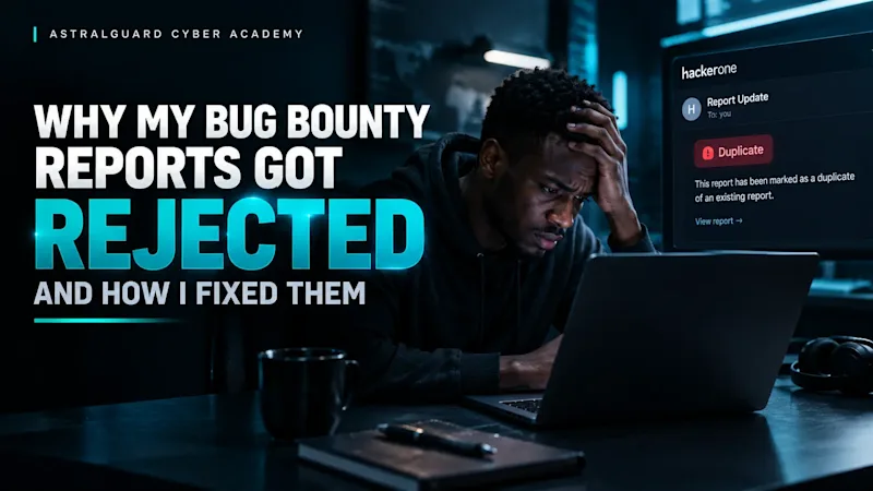 AstralGuard Cyber Academy cover image for “Why My Bug Bounty Reports Got Rejected and How I Fixed Them,” featuring a frustrated bug bounty hunter reading a duplicate vulnerability report on HackerOne in a dark, cinematic workspace with teal lighting.