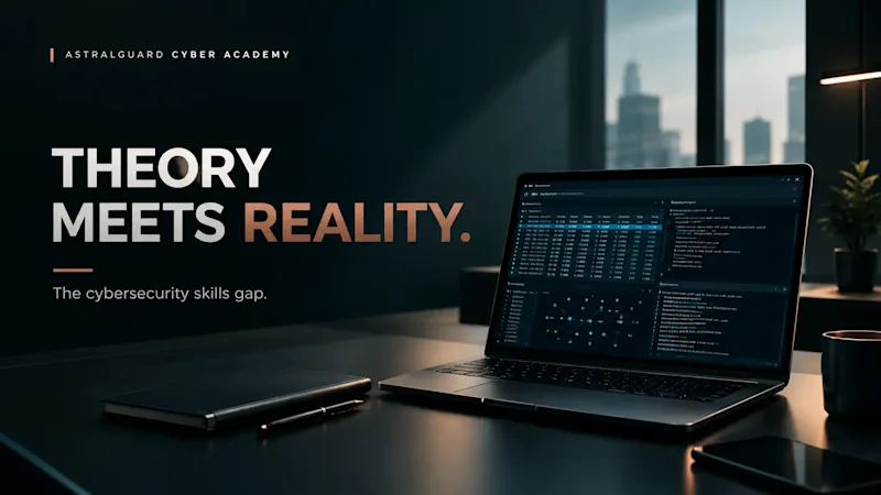 Premium cybersecurity article cover featuring a minimalist dark teal workstation, a laptop displaying network analysis, subtle copper lighting, and elegant platinum accents, representing the gap between cybersecurity theory and practical skills.