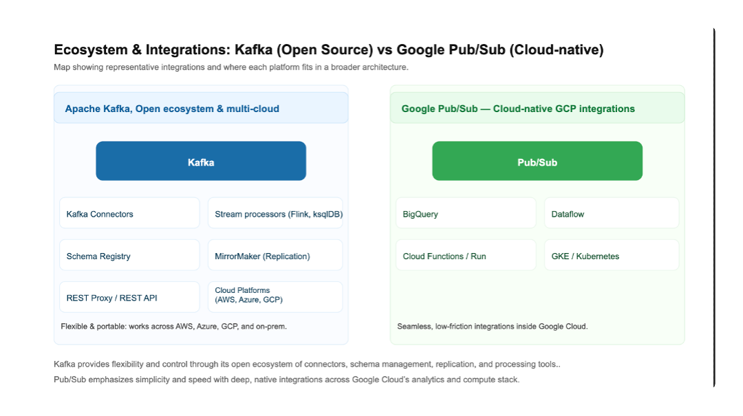 Graphic showing side-by-side comparison of Kafka's open source ecosystem of data streaming platform capabilities vs. Google Pub/Sub's simple, native compatability with industry-leading analytics and compute services on Google Cloud.