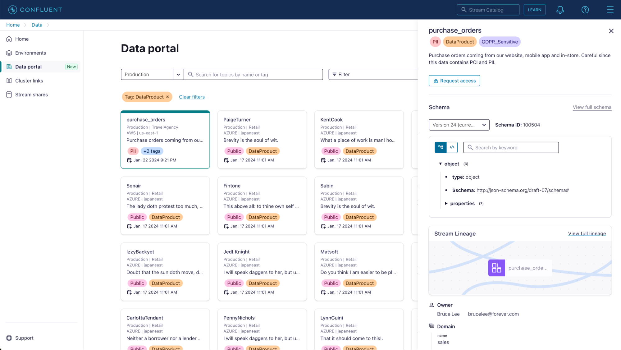 Data Portal showing a purchase_orders data product