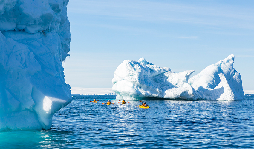 HX Expeditions - A group of kayakers paddle between icebergs in the Antarctic sea