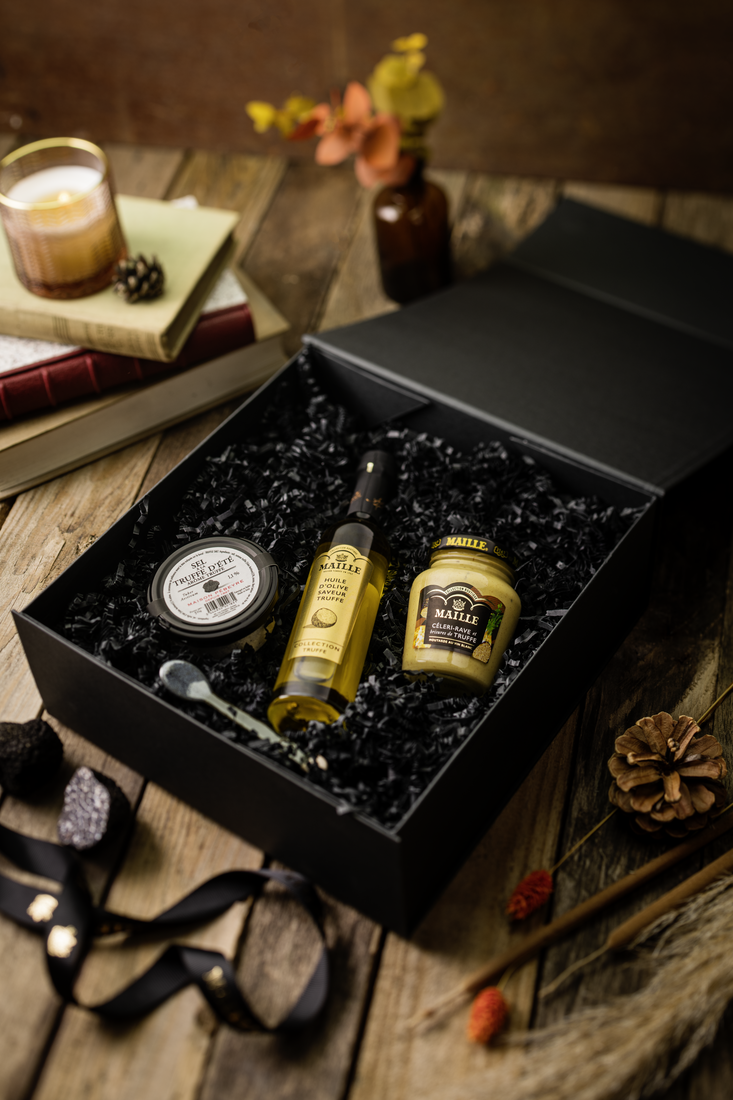 Coffret truffe - LIFESTYLE - Maille moutarde Celeri truffe huile truffe sel truffe et cuillere ceramique v2