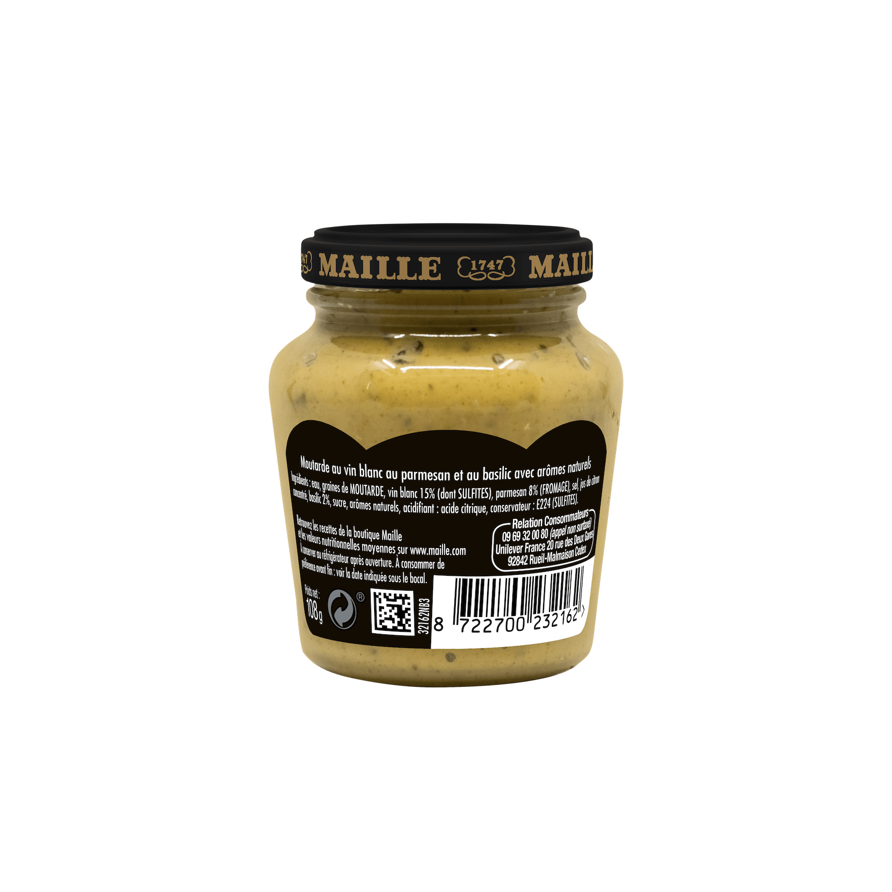 Maille - Moutarde au vin blanc, parmesan et basilic, 108g, arrière