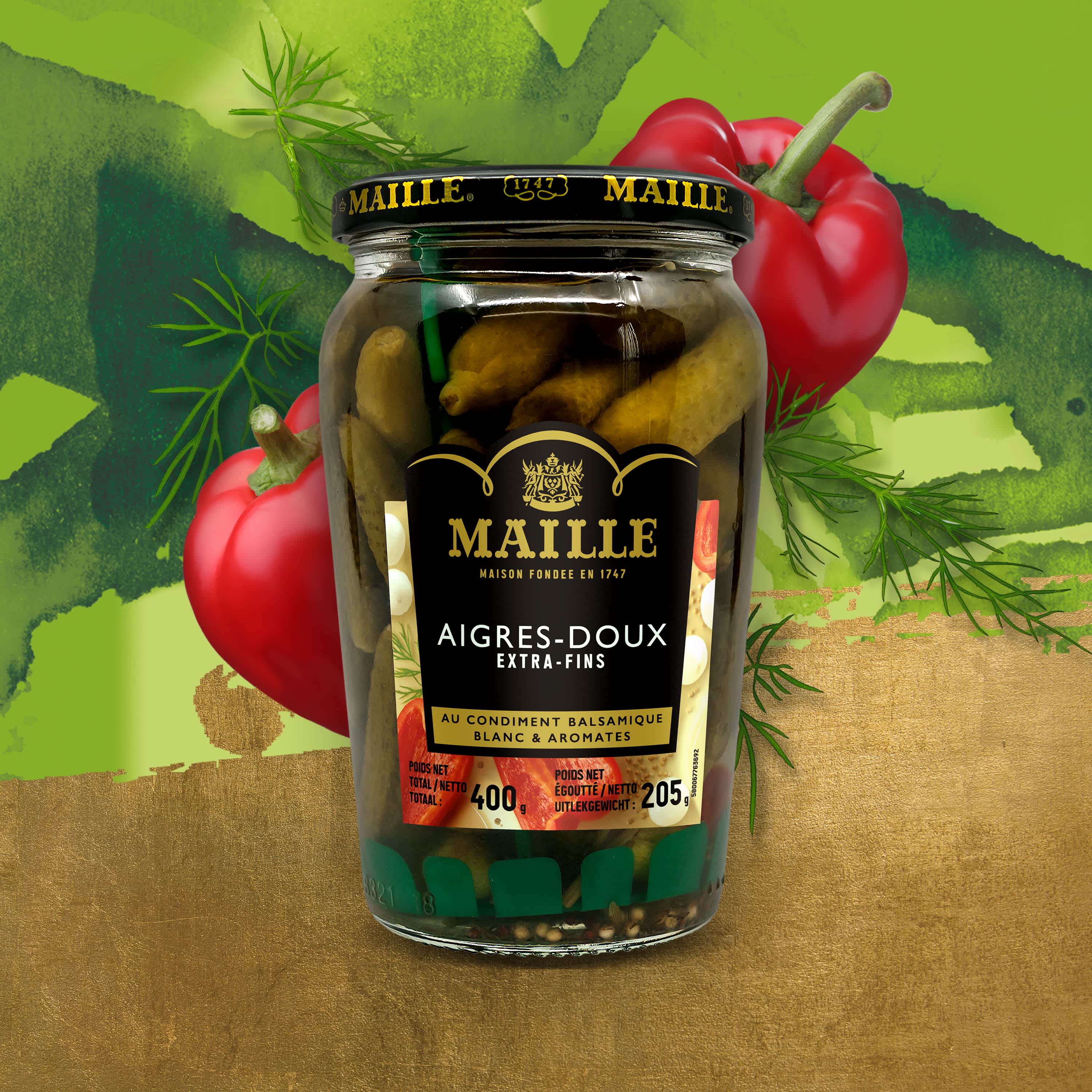 Maille Cornichons AigresDoux ExtraFins Bocal 205 g