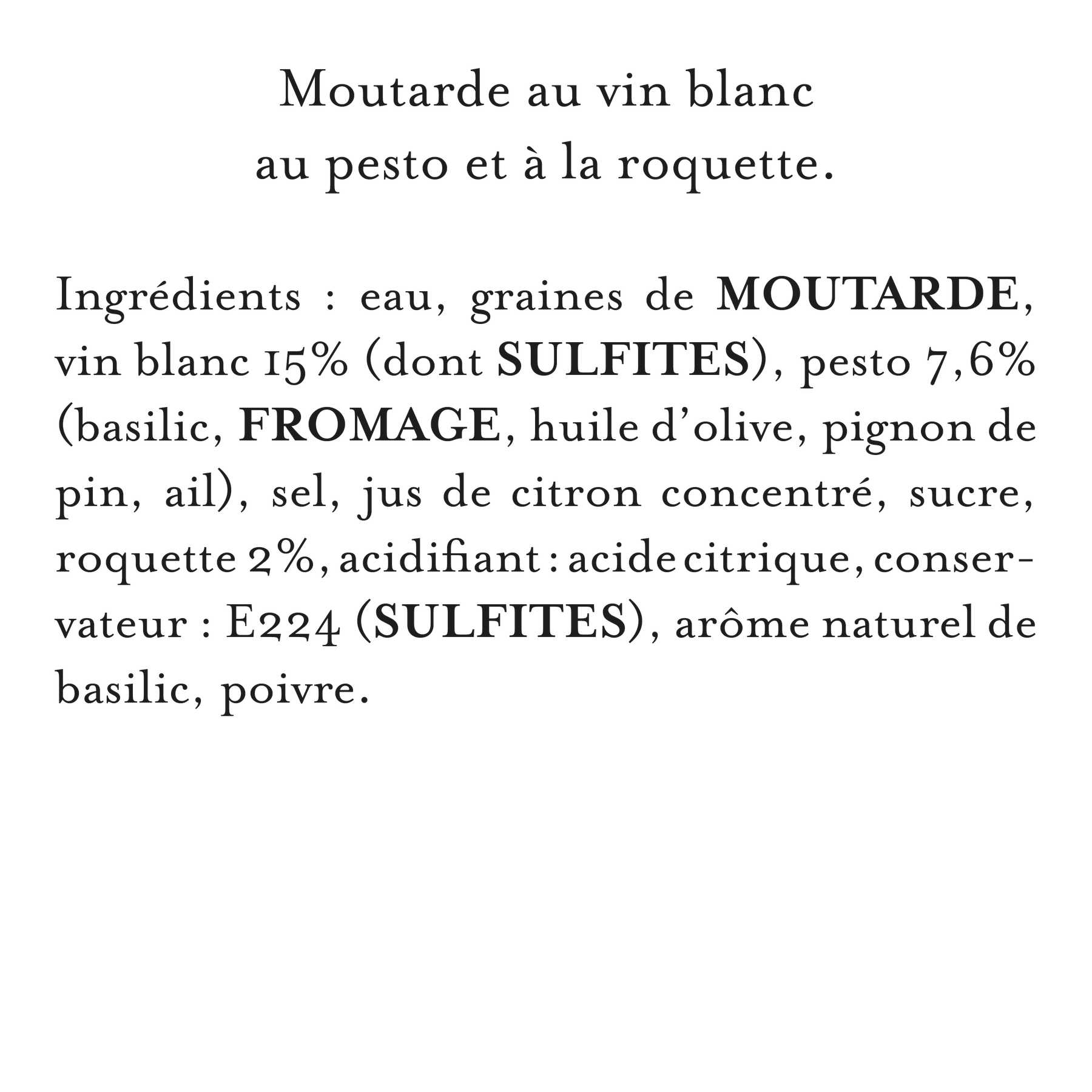 Maille - Moutarde au vin blanc, pesto et roquette, 108 g, liste d'ingrédients