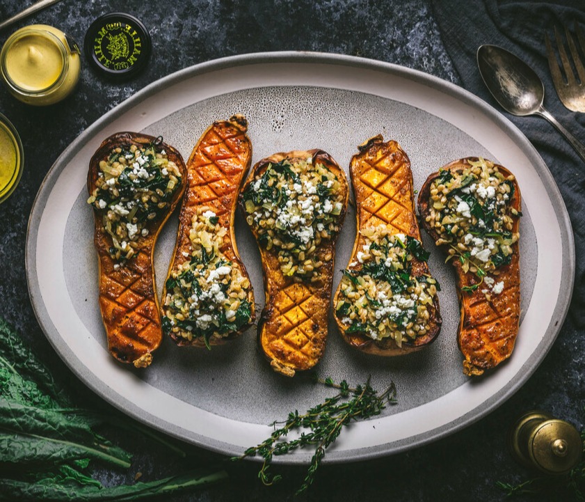 Courge butternut glacée à la moutarde et au sirop d’érable 