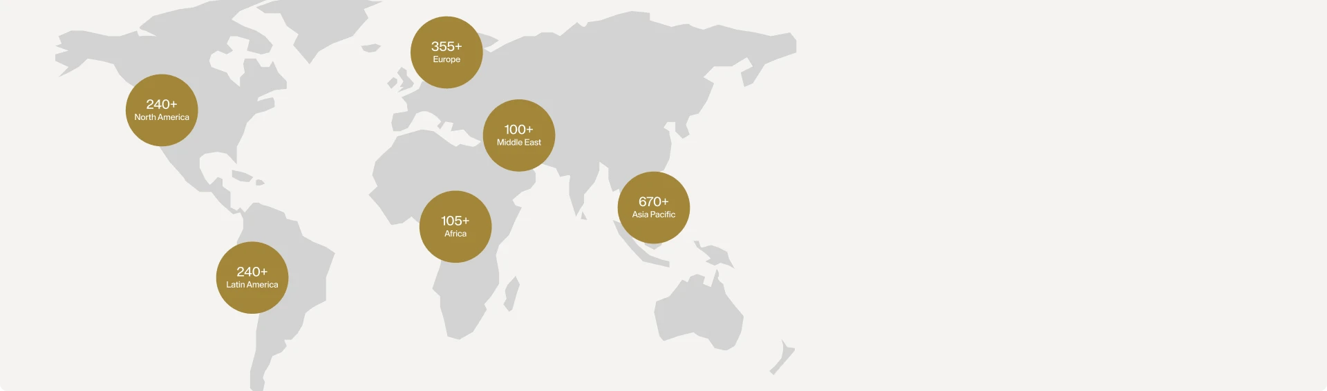 A world map with gold circular markers showing regional lounge counts: 240+ in North America, 240+ in Latin America, 105+ in Africa, 355+ in Europe, 100+ in the Middle East, and 670+ in Asia Pacific.