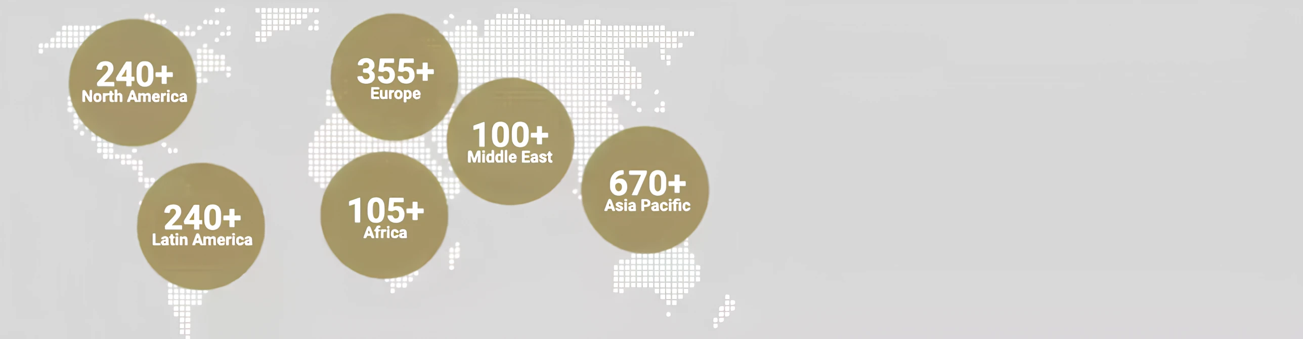 A world map with gold circular markers showing regional lounge counts: 240+ in North America, 240+ in Latin America, 105+ in Africa, 355+ in Europe, 100+ in the Middle East, and 670+ in Asia Pacific.