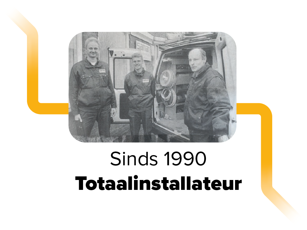 Timeline foto van 1990 waar de samangroep een totaalinstallateur was met 3 mannen voor een bus