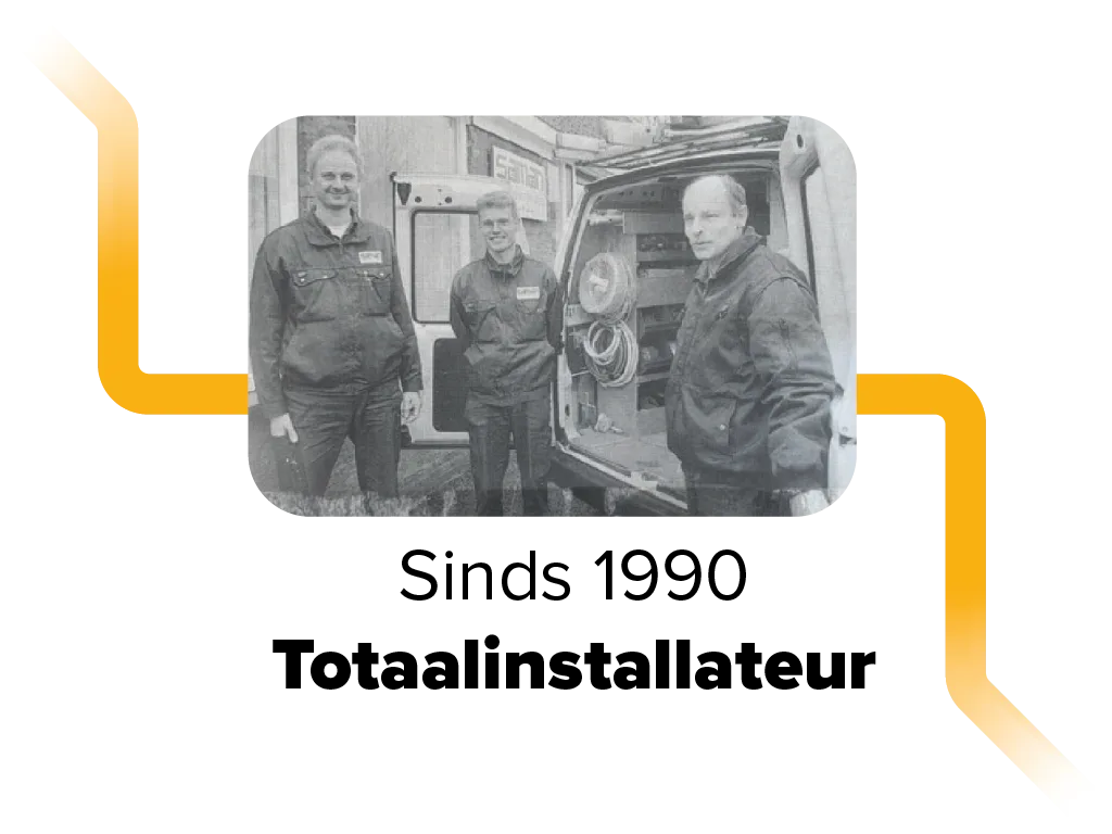 Timeline foto van 1990 waar de samangroep een totaalinstallateur was met 3 mannen voor een bus