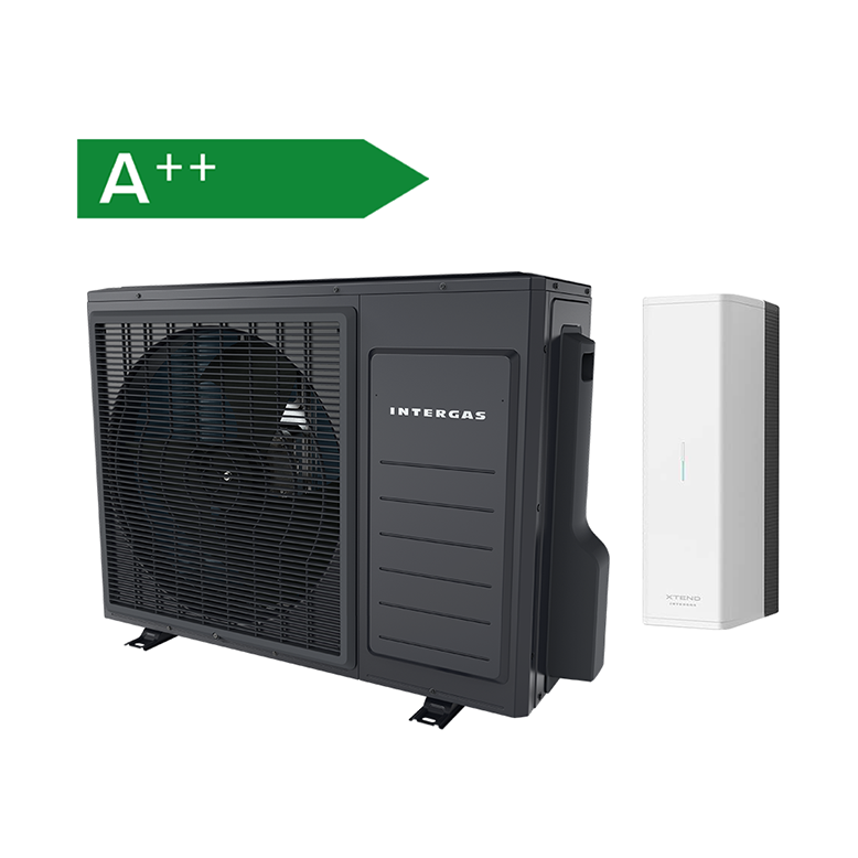 Render van de Intergas xtend cool grey en een binnen unit met a++ energie label