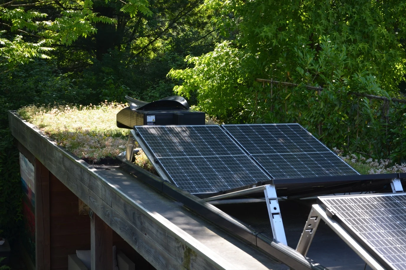 Afbeelding van de Blackbird Weheat warmtepomp op een groen dak met gras en zonnepanelen