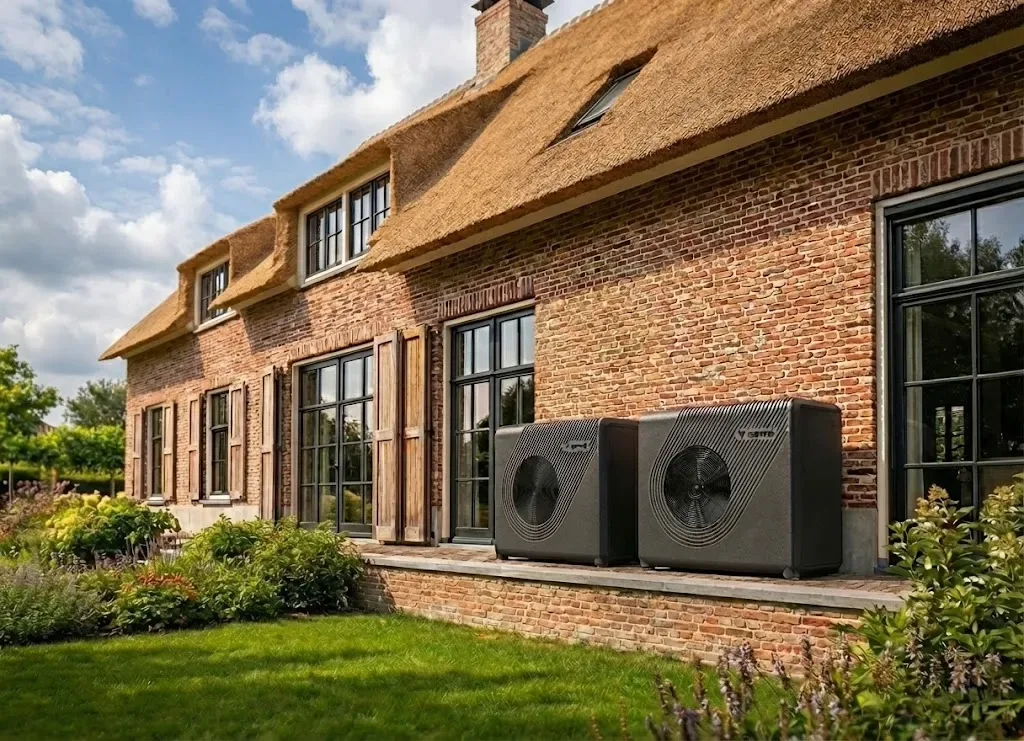Weheat warmtepomp sparrow silver naast woonboederij ai