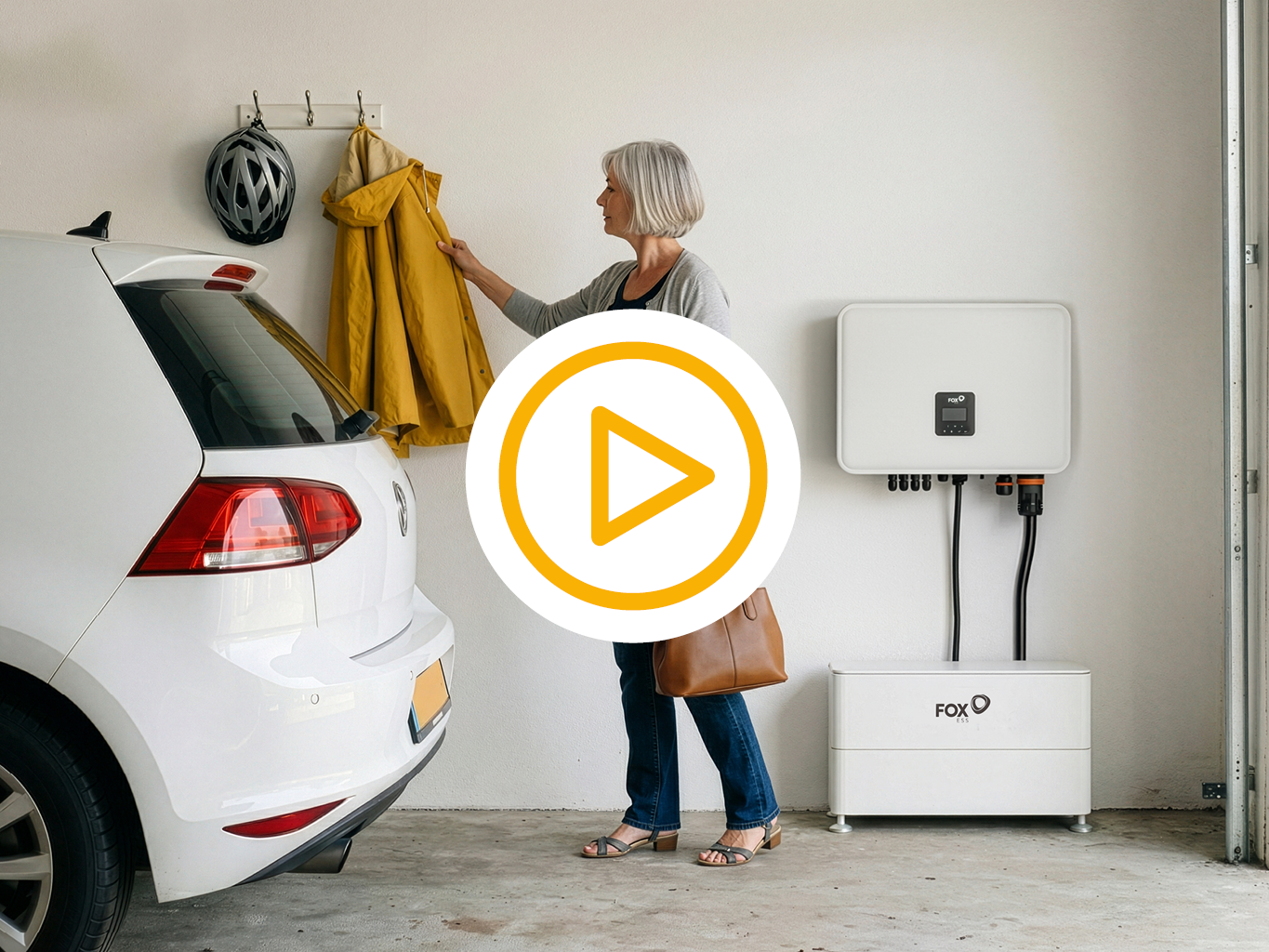 Saman monteur die een thuisbatterij de dyness tower pro installeert op een zolder kamer en een video play button