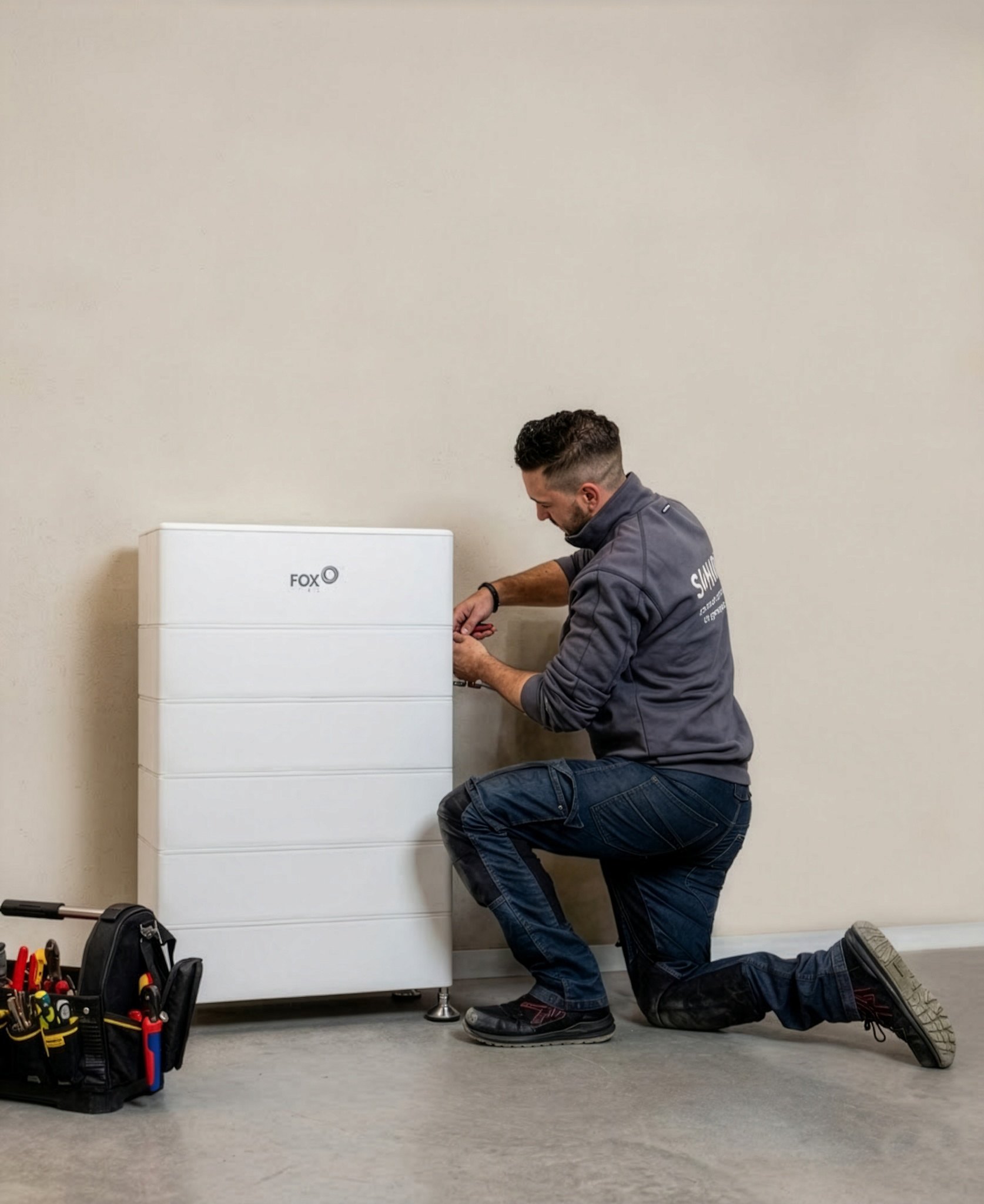 Afbeelding - Monteur op zolder sleutelen met Fox ESS thuisbtterij EQ6000 plus