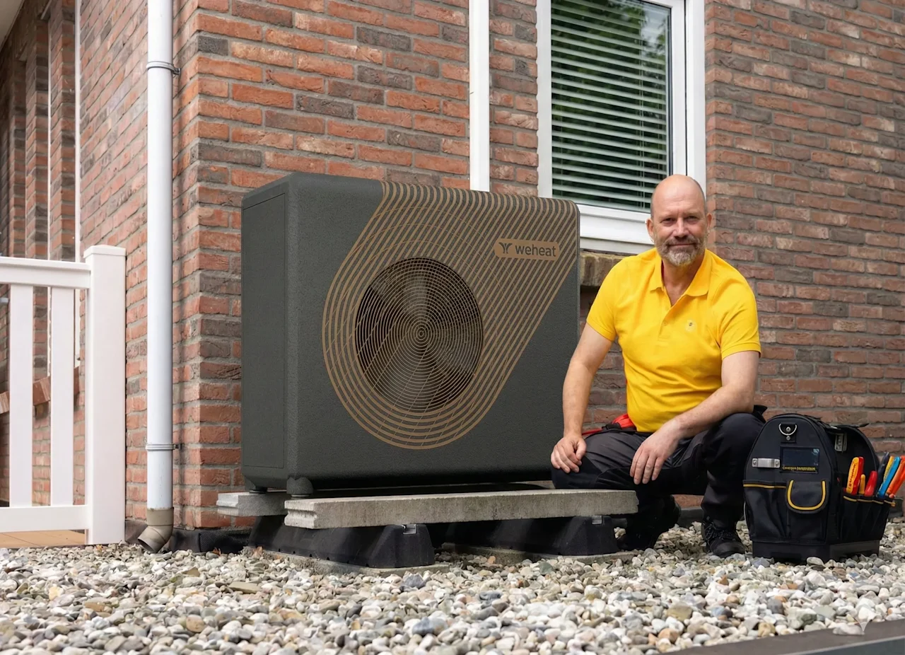 Monteur poseert naast warmtepomp