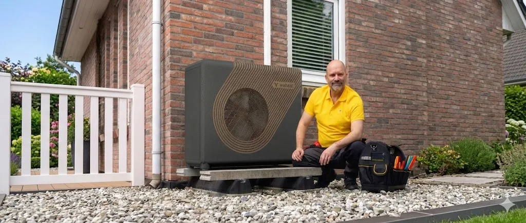 Monteur poseert naast warmtepomp
