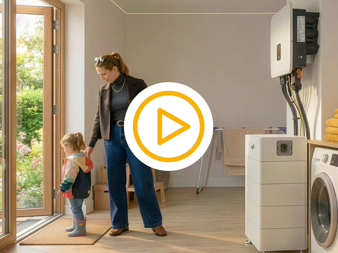 Saman adviseur geeft uitleg over de Dyness tower pro in het inspiratiecentrum in zierikzee aan een klant en een video play button