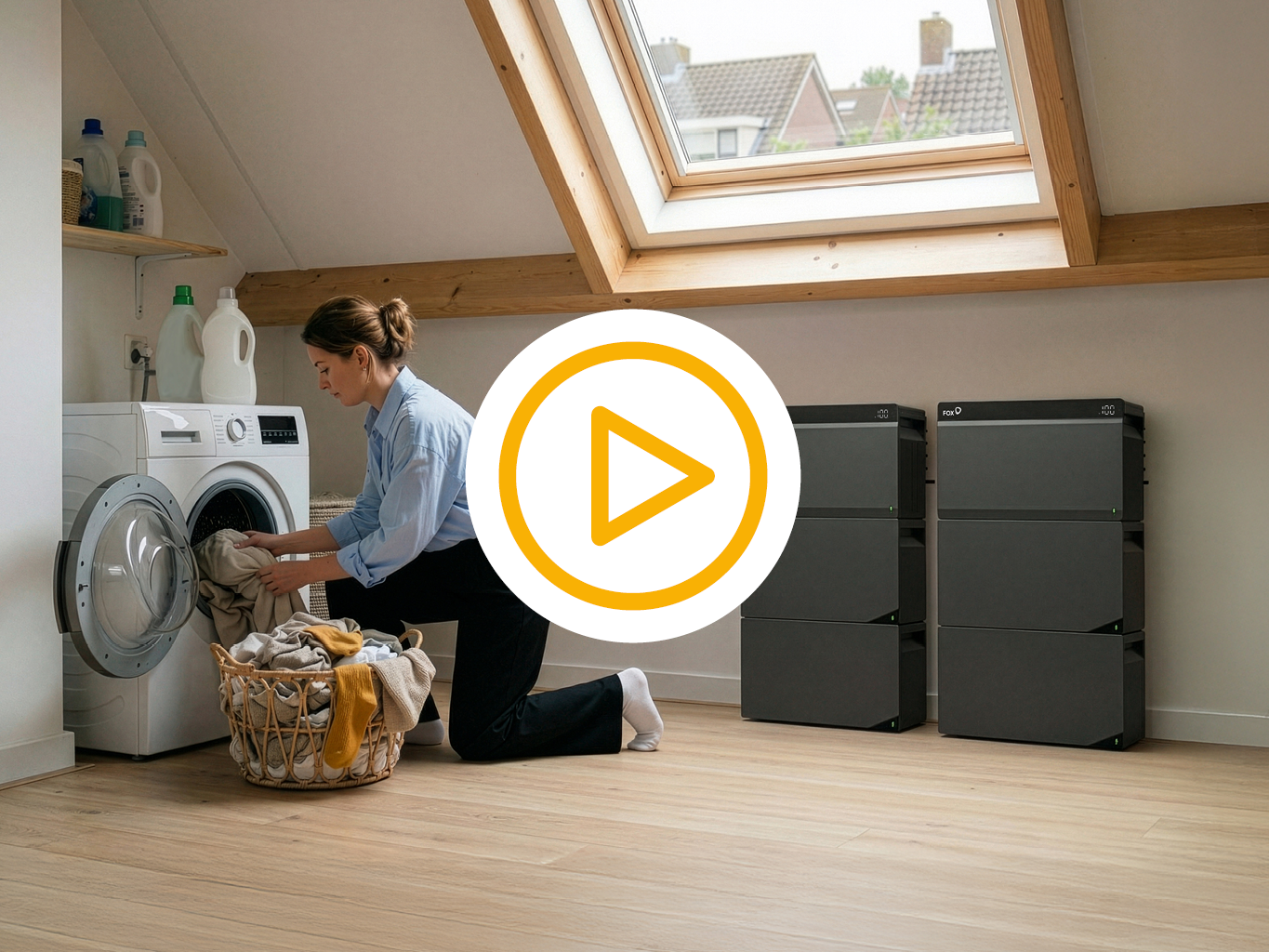 Tevreden saman monteur na installatie van 2 dyness tower pro thuisbatterijen en een video play button