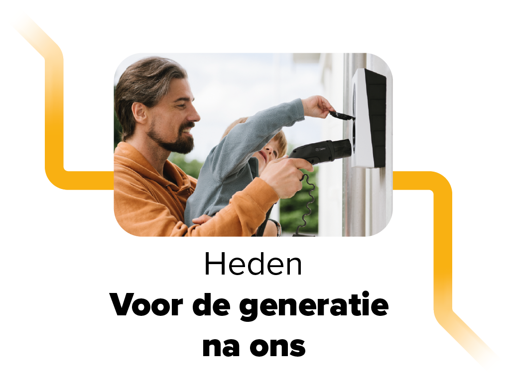 Einde van een tijdlijn in het heden gericht op de generatie na ons een man met zijn kind in zijn handen stopt de stekker van zijn elektrische auto in een laadpaal