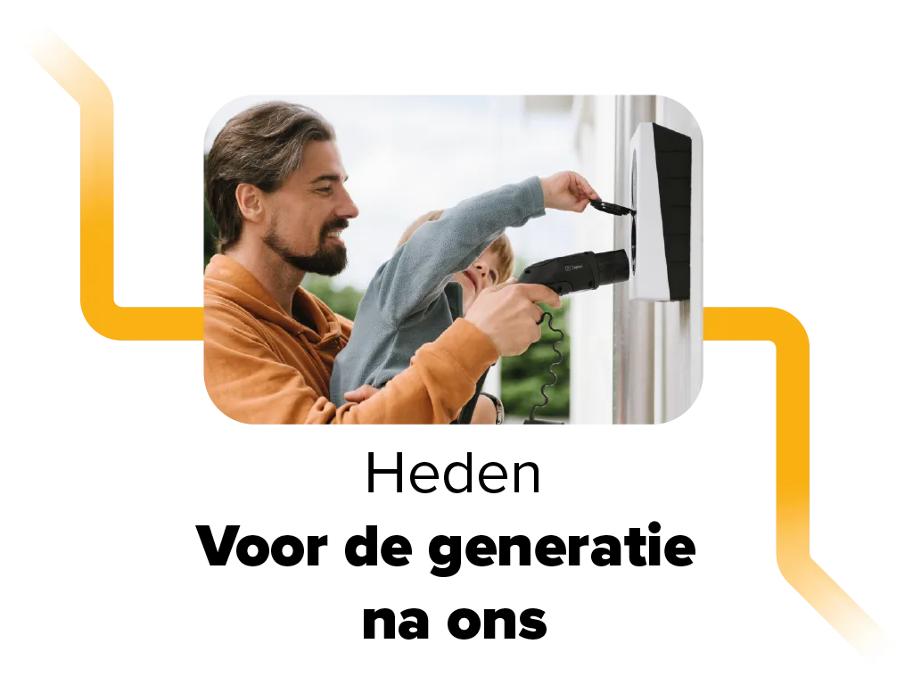 Einde van een tijdlijn in het heden gericht op de generatie na ons een man met zijn kind in zijn handen stopt de stekker van zijn elektrische auto in een laadpaal