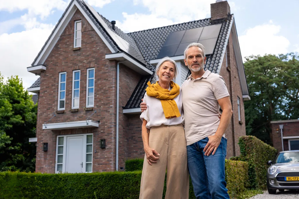 Poserend koppel voor huis met zonnepanelen