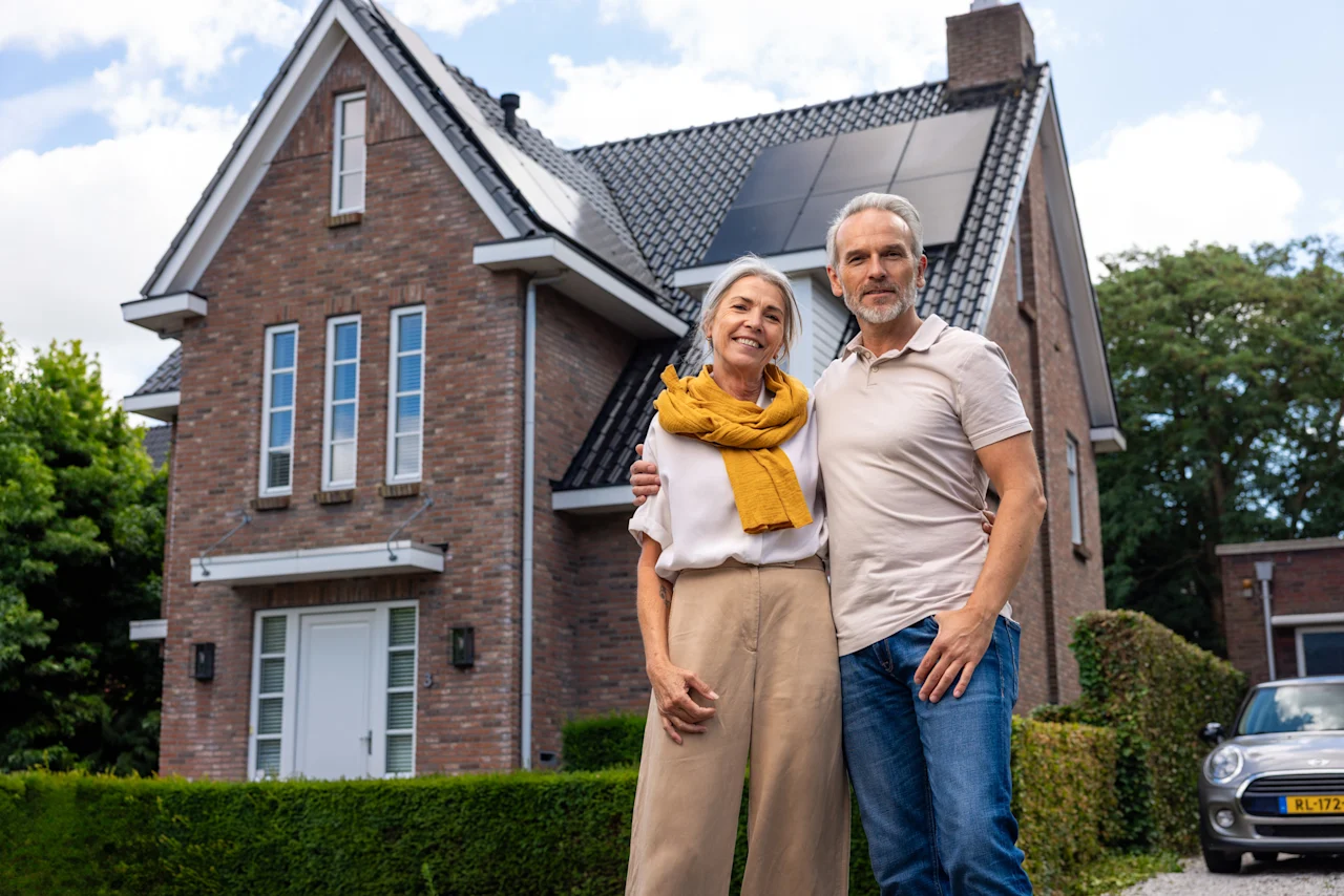 Foto stel glimlachend en omhelzend voor hun huis met nieuwe zonnepanelen