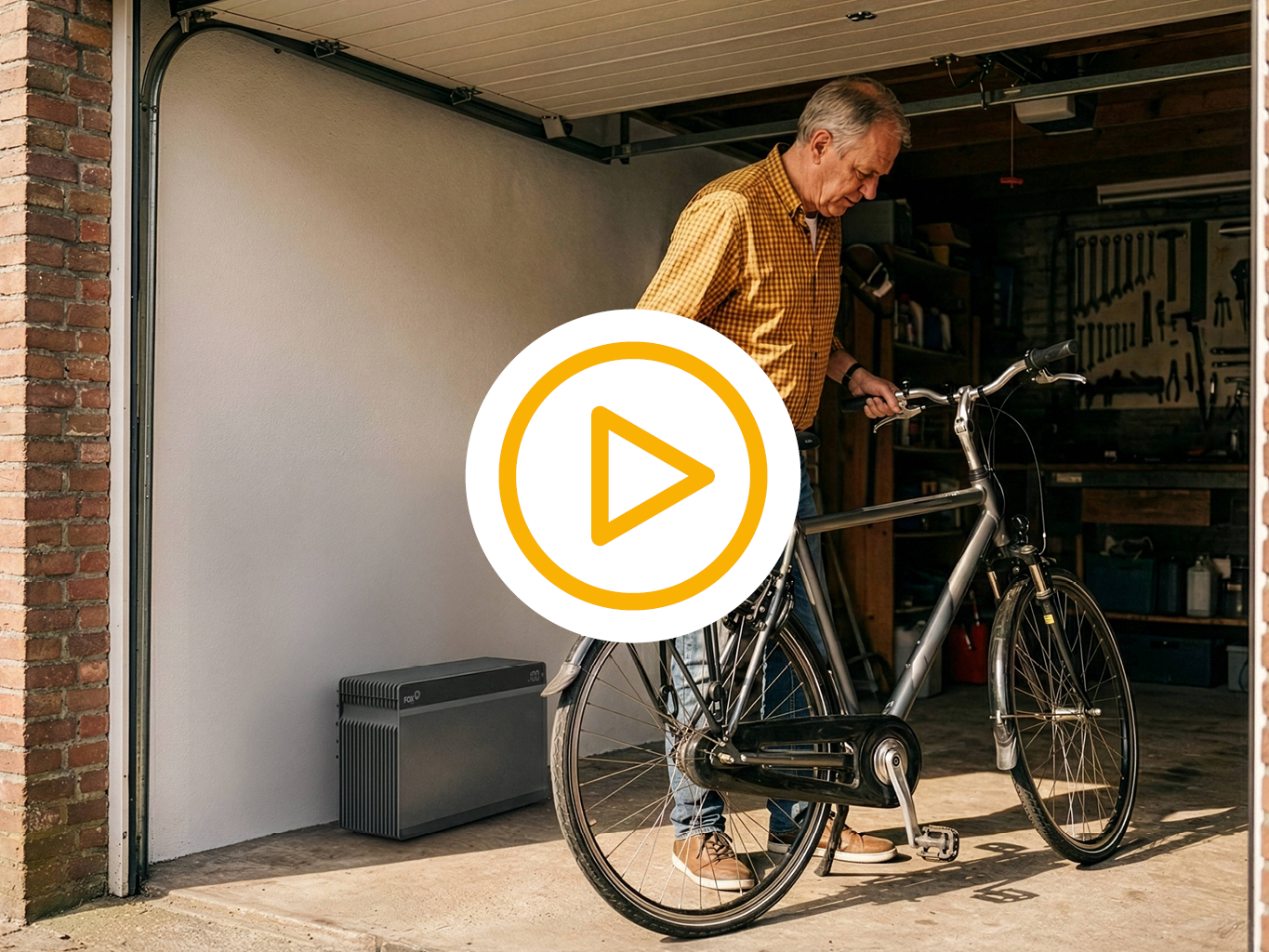 Saman monteur installeert 2 thuisbatterijen in een ruime omgeving en een video play button