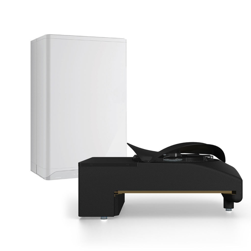 Render van blackbird hybride warmtepomp in combinatie met cv-ketel