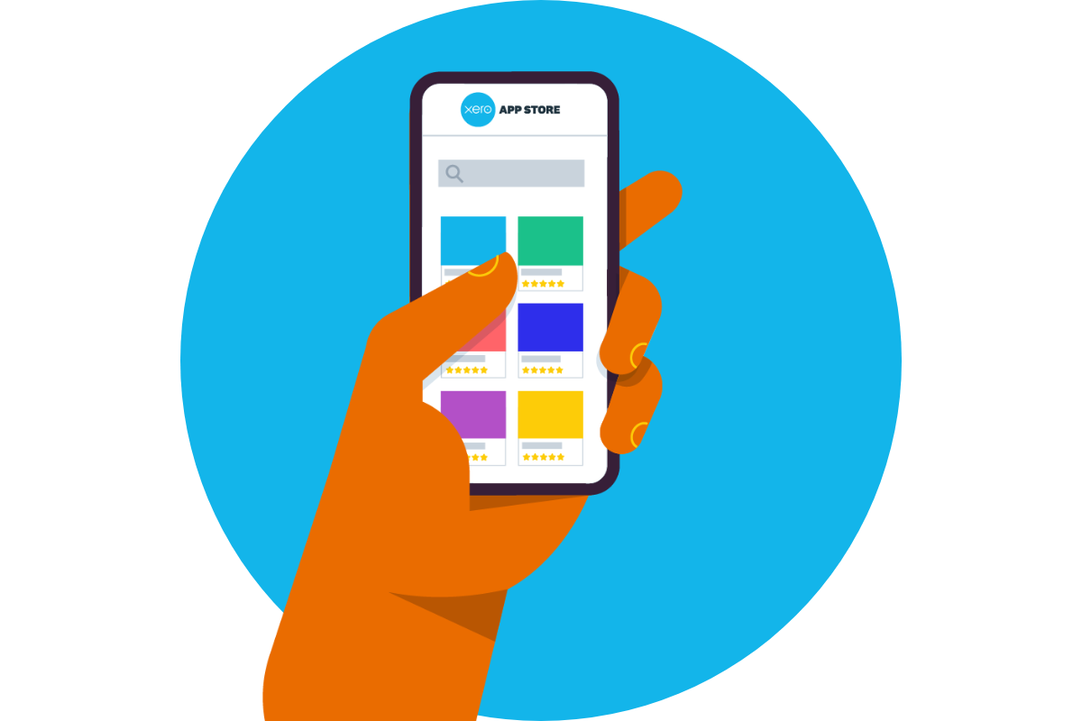 Hand holding mobile device, browsing Xero App Store.