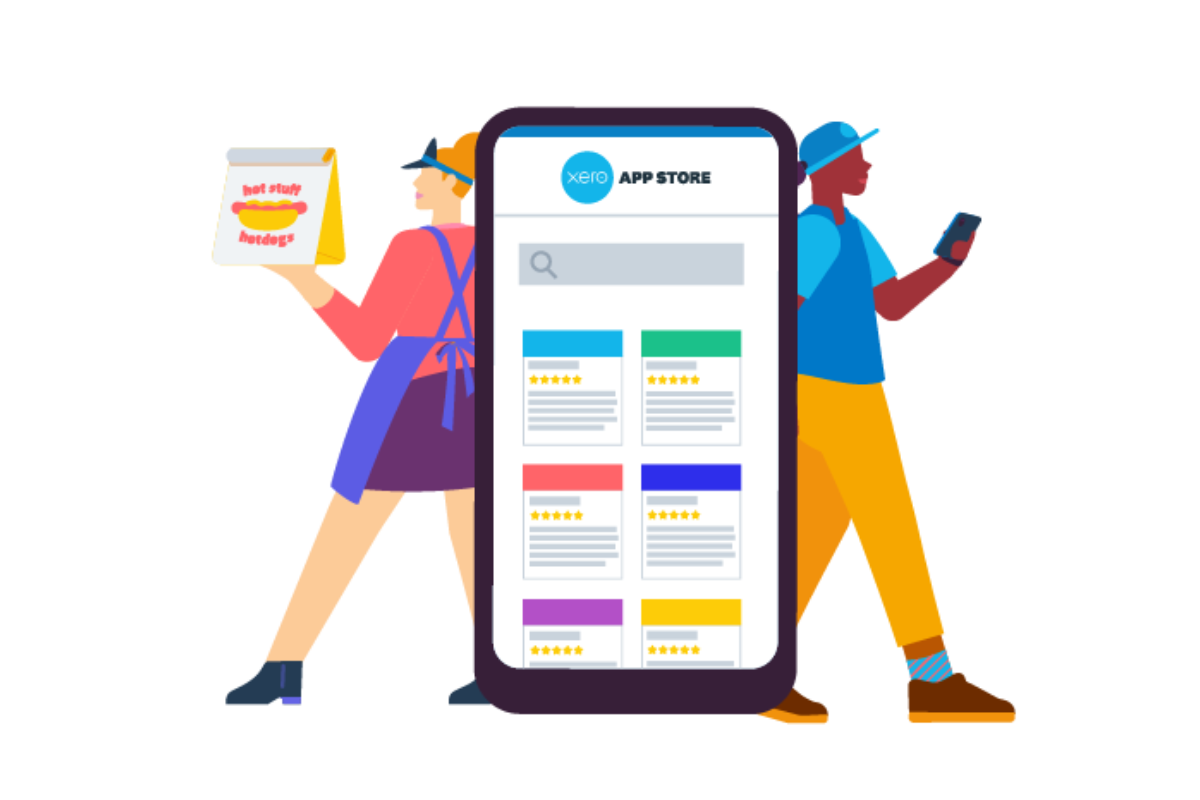 Mobile phone showing Xero App Store with small business characters on either side.
