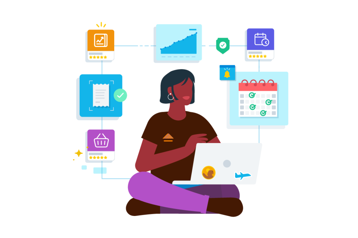 Woman sitting on floor with apps and processes connecting above her.