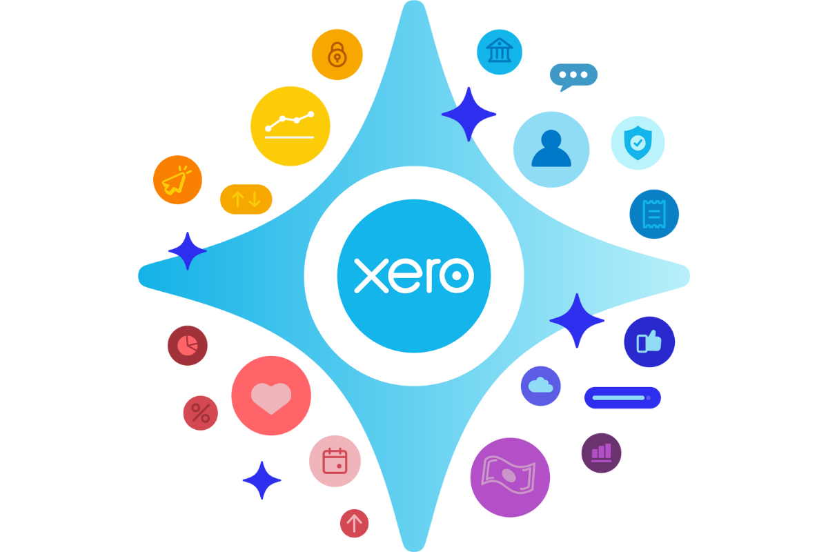 Xero's logo on top of an AI star with various business icons surrounding it. 