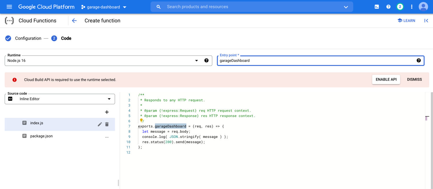 Screenshot of how to enable the Cloud Build API on Google Cloud Platform