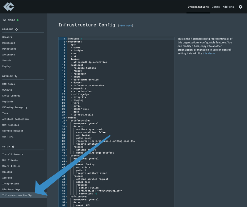 LimaCharlie webapp interface of Infrastructure Config