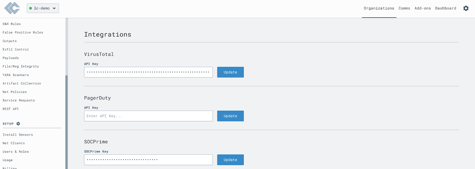 Then, navigate to the Integrations page in your organization, enter the SOC Prime Key & click Update.