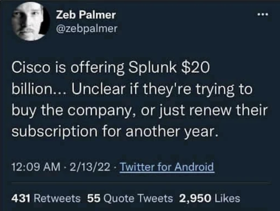 A tweet about how expensive Splunk is.
