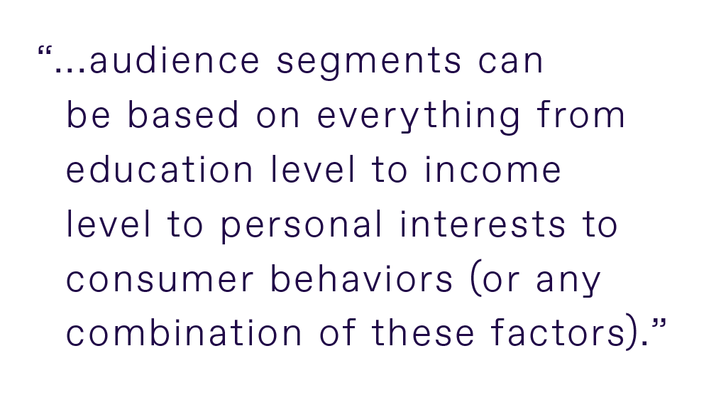 quote pulled out, "...audience segments can be based on everything from education level to income level to personal interests to consumer behaviors (or any combination of these factors)."