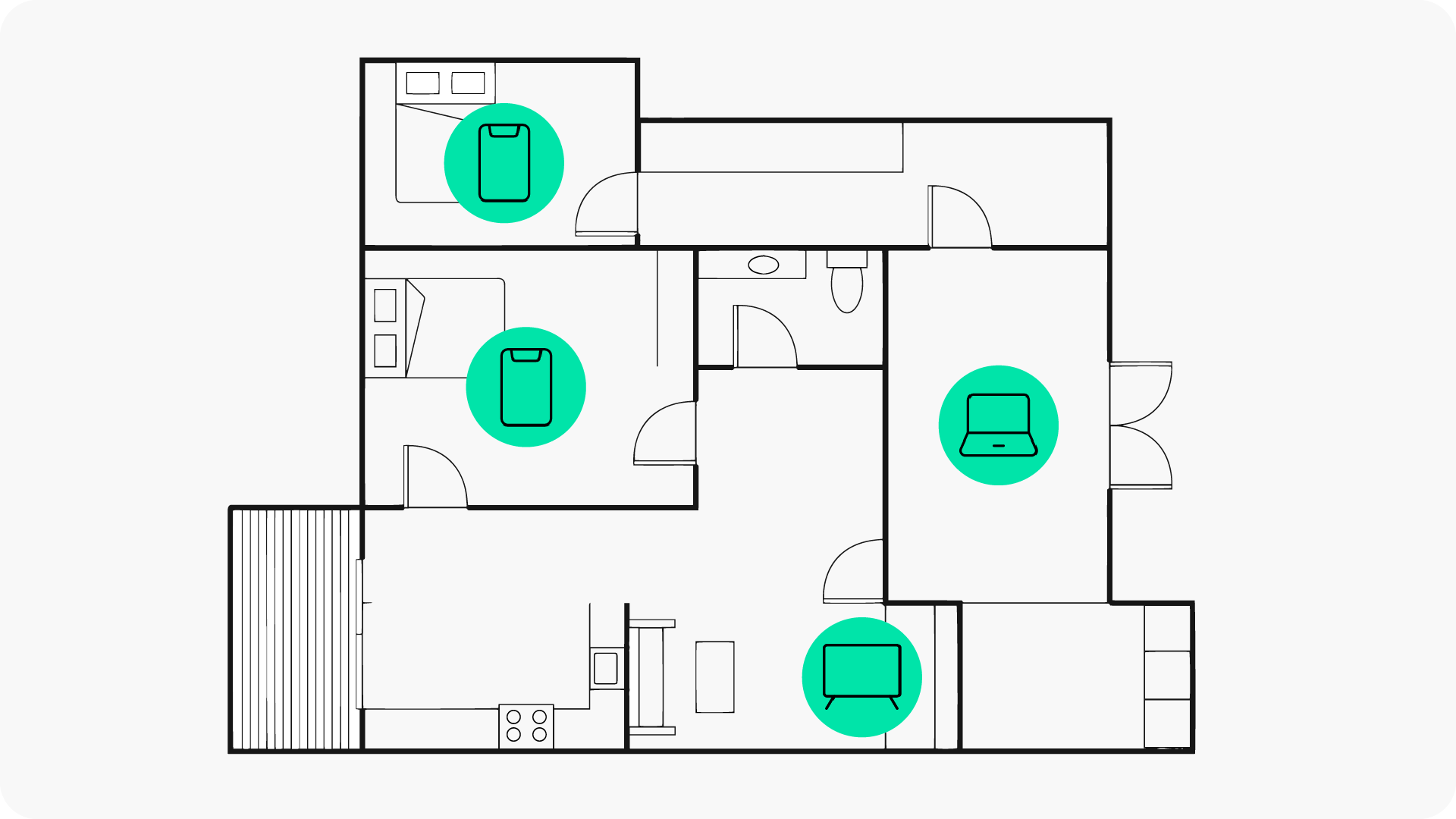 layout of a house showing a phone in each bedroom, a laptop in a room and a TV in the living room 